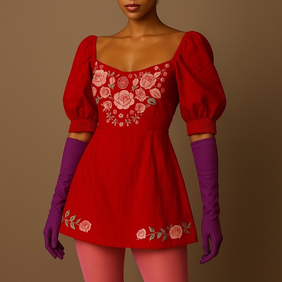 Red Mini Embroidered Dress - Picture 3 of 3